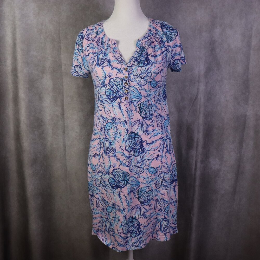 Lilly Pulitzer Essie Dress Womens XS Pink Blue Short Sleeve V Neck Shells Beach